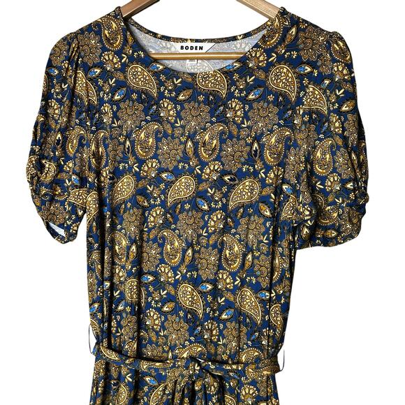 Boden Dress Size 10 Jersey Paisley Blue‎ Gold Waist Tie Preppy Minimalist - Picture 3 of 8